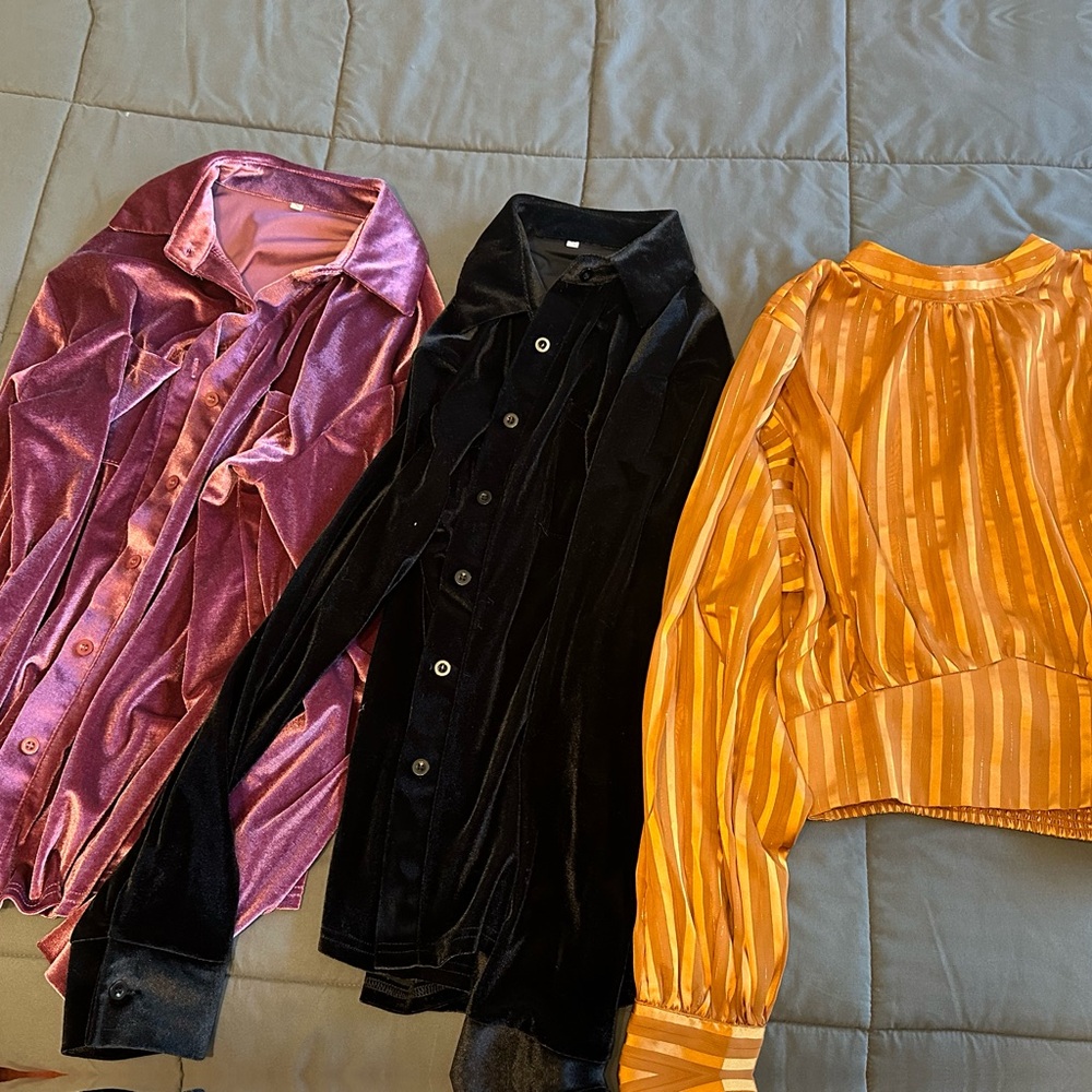Velvet and Silk Blouse Trio in Purple, Black, and Orange
